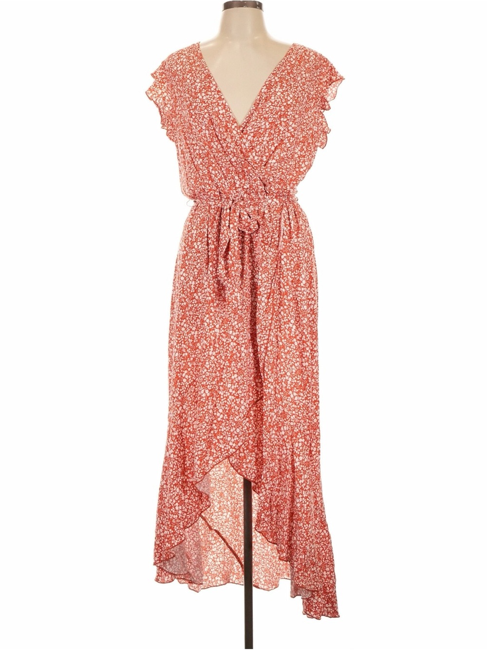 Women's Coral Floral Wrap Midi Dress